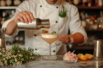 A close-up shot of a bartender preparing a drink with a shaker and glass, capturing the precision and care involved in cocktail making.