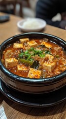 A flavorful bowl of kimchi jjigae brimming with tofu and garnished with green onions awaits enjoyment. This hearty dish embodies the essence of Korean cuisine on a cozy dining table