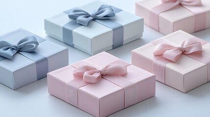 Set of highquality customizable gift boxes in pastel shades with ribbons isolated on a clean white background for product presentations