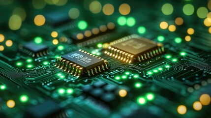 Fototapeta premium Close-up of Circuit Board Microchips: High-Tech Electronics and Digital Innovation