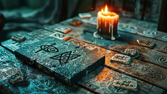 divination cards, runes and candles. Selective focus