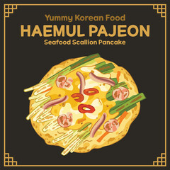 Yummy Korean Food illustration vector, Haemul Pajeon, Seafood Scallion Pancake