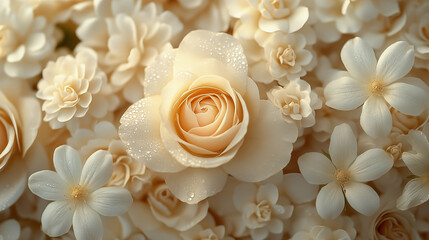 Cream roses with water droplets and jasmine flowers, luxurious floral composition