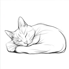 A white background with a single line art drawing of a cat curled up.