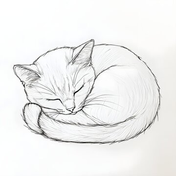 A white background with a single line art drawing of a cat curled up.
