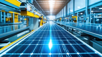 Fototapeta premium Futuristic Solar Panel Manufacturing Facility with Advanced Production Lines Under Bright Industrial Lighting Showcasing Clean Energy Technology and Innovation