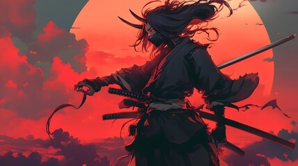 Samurai or ninja in anime style, standing against a smoky red sky