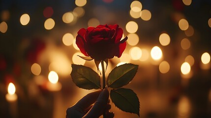 Obraz premium Hand holding red rose, candlelight bokeh, romantic