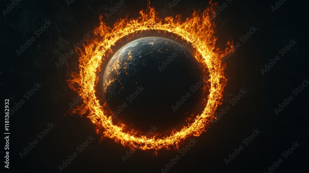 Aufkleber Planet earth engulfed in flames within a fiery ring, emphasizing the urgent crisis of global warming and climate change against the backdrop of outer space