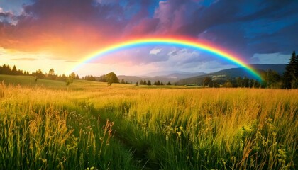 Obraz premium Blurred background of a lovely rainbow showing its colors at twilight time, creating a stunning and peaceful view and atmosphere.