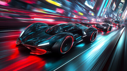 Futuristic cars racing through a neon-lit cityscape at night.