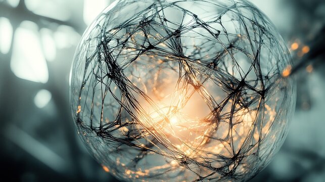 **A tangled web of glowing glass filaments connecting a cluster of intricate abstract geometric shapes