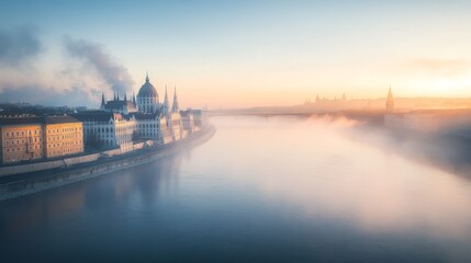 Fototapeta premium A misty morning at the Danube river