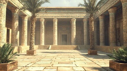 Fototapeta premium Ancient Egyptian Temple Courtyard with Palm Trees and Hieroglyphs.