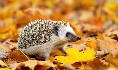 A hedgehog walking among colorful autumn leaves.