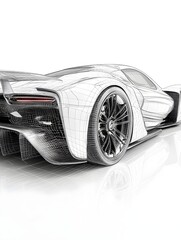 Naklejka premium A wireframe outline of a futuristic concept car with aerodynamic details. 