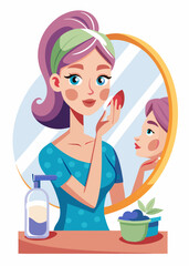Woman applying makeup in front of mirror. Young woman doing makeup in bedroom, preparing for a day out.

