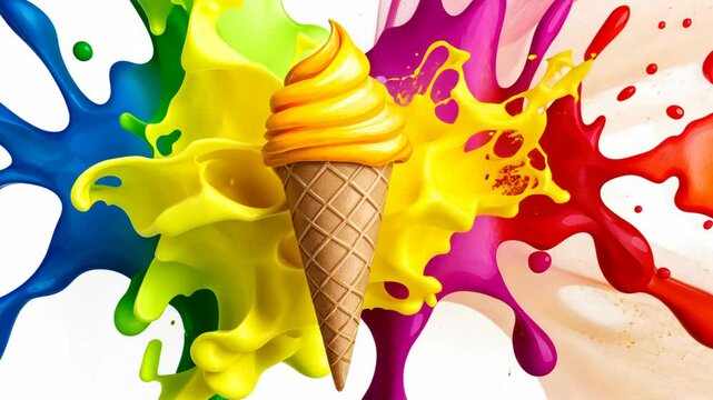 Colorful ice cream cone with a yellow center. The ice cream cone is surrounded by a splash of paint, giving the impression of a colorful explosion
