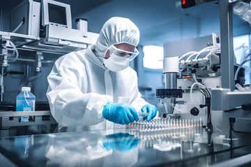 Image of an employee in a protective clean suit working on a production line in a pharmaceutical industry in a clean laboratory environment.