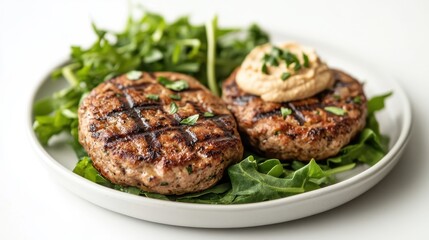 Grilled Turkey Burgers on a Plate with Greens