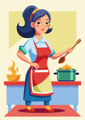 Joven cocinera preparando comida sabrosa en sart&eacute;n, con delantal