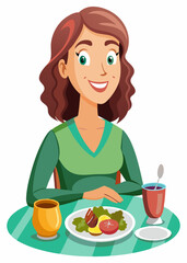 Mujer joven comiendo en la mesa, personaje aislado sobre fondo blanco. Mujer disfrutando de una comida, ilustración vectorial.