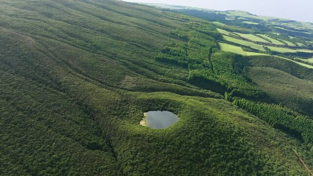 Drone view of Lagoinha Lake in Portuguese Azores, Parque Natural da Terceira