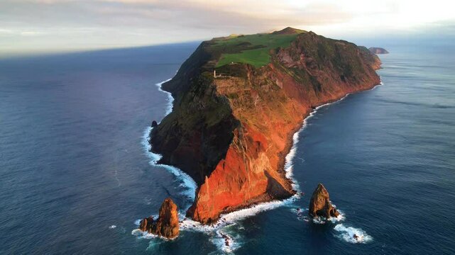 Aerial hyperlapse view of thin Ponta dos Rosais headland, S&atilde;o Jorge Island