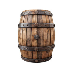 Obraz premium Aged Wooden Barrel: Rustic charm and timeless appeal. A weathered oak barrel, bound with iron hoops, evokes a sense of history and tradition. Perfect for rustic designs, pubs, breweries, and more. 
