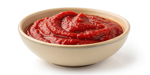 Obraz premium A Bowl with Tomato Paste Isolated on a White Background, Ideal for Culinary Use