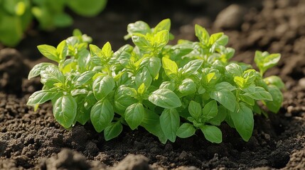 Lush green basil plants growing in rich dark soil.