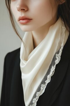 Close-up: woman's face, cream lace-trimmed scarf.