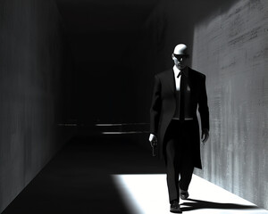 Obraz premium Mysterious Silhouette of a Man in a Suit Walking in a Dark Corridor Illustration, Perfect for Thriller or Noir-Themed Design
