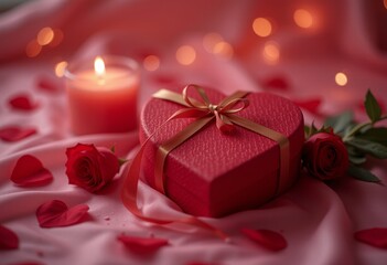 Heart-shaped gift box with roses and candlelight
