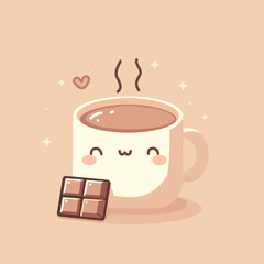 Cute cup of hot chocolate with a piece of chocolate on a beige background. Vector illustration.