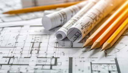 Plan d'architecte en rouleau pour la création et la construction d'une maison ou d'un immeuble