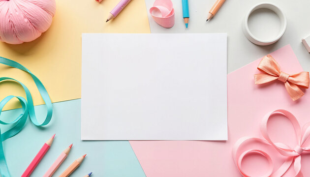 Craft supplies on colorful background with blank paper - Powered by Adobe