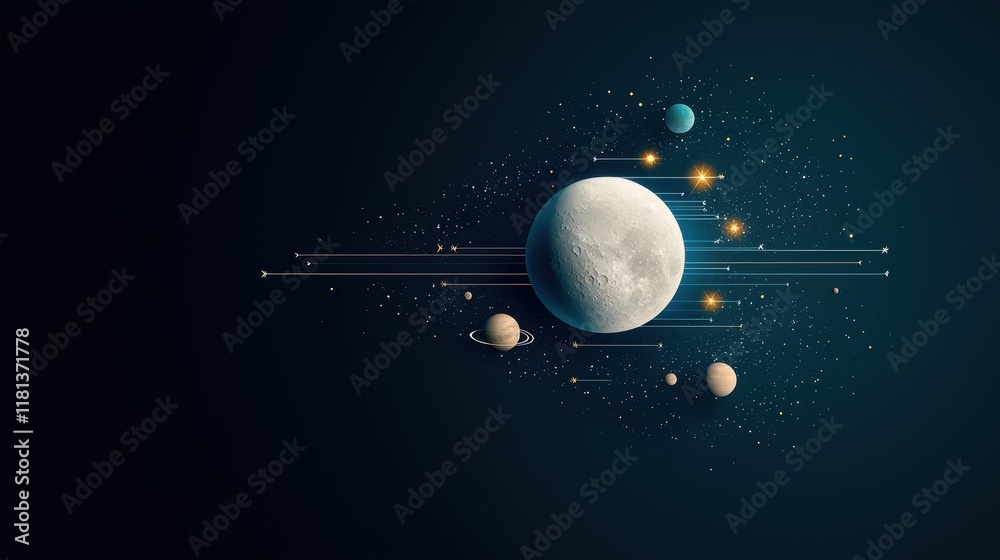 Poster a composite image of the moon, earth, and other celestial objects, with labels and arrows pointing o