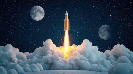 A powerful rocket launches towards the moon, leaving a trail of fire and smoke in its wake, representing humanity ongoing quest for space exploration.