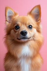 Fototapeta premium Curious small dog looking at camera against pink background. Pet portrait
