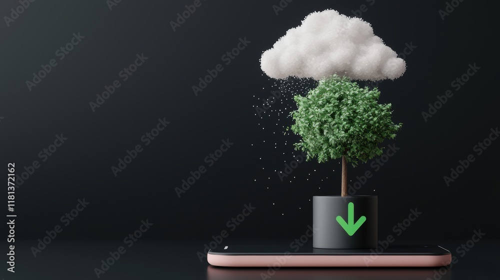 Poster a smartphone icon with a green upward arrow pointing towards a cloud icon above it, illustrating the