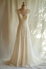Lace wedding gown displayed on mannequin.