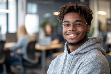 Cheerful young man smiling in casual office settings with other people in background. Businessman working in modern coworking space