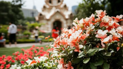 Fototapeta premium Vibrant Orange and White Flowers in Bloom Lush Garden Setting Temple Background