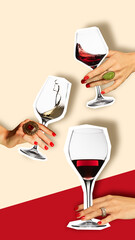 Three female hands with luxurious rings holding cut-out glasses with red and white wine against beige and red background. Cheers. Concept of drinks, party, celebration. Creative art collage