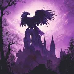 Fototapeta premium Majestic Purple Eagle Atop Ruined Castle Walls