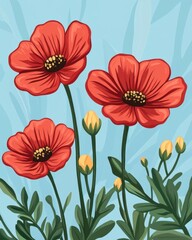 A vibrant illustration of red flowers against a blue background.