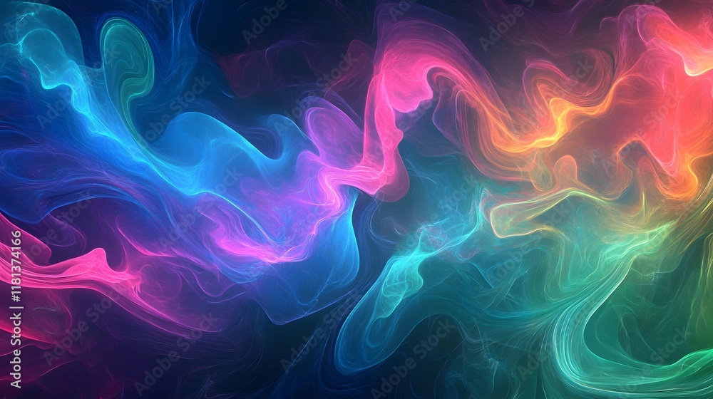 Poster glowing abstract lines and waves in purple and blue with a dynamic, fractal design and smooth motion