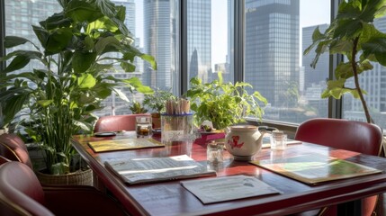 Obraz premium Urban Restaurant Table with City View Plants and Menus