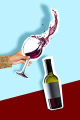 Fototapeta premium Female hand holds a cut-out glass of red wine and splashing liquid, paired with wine bottle against light blue and deep red background. Concept of drinks, party, celebration. Creative pop art design